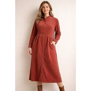 L.L.Bean 10 Corduroy Prairie Shirtdress Mandarin Collar Pintuck Long Sleeve Rust